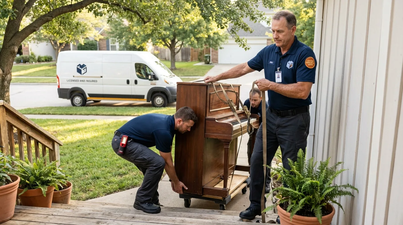 Licensed piano movers securing grand piano in Michigan Center, MI