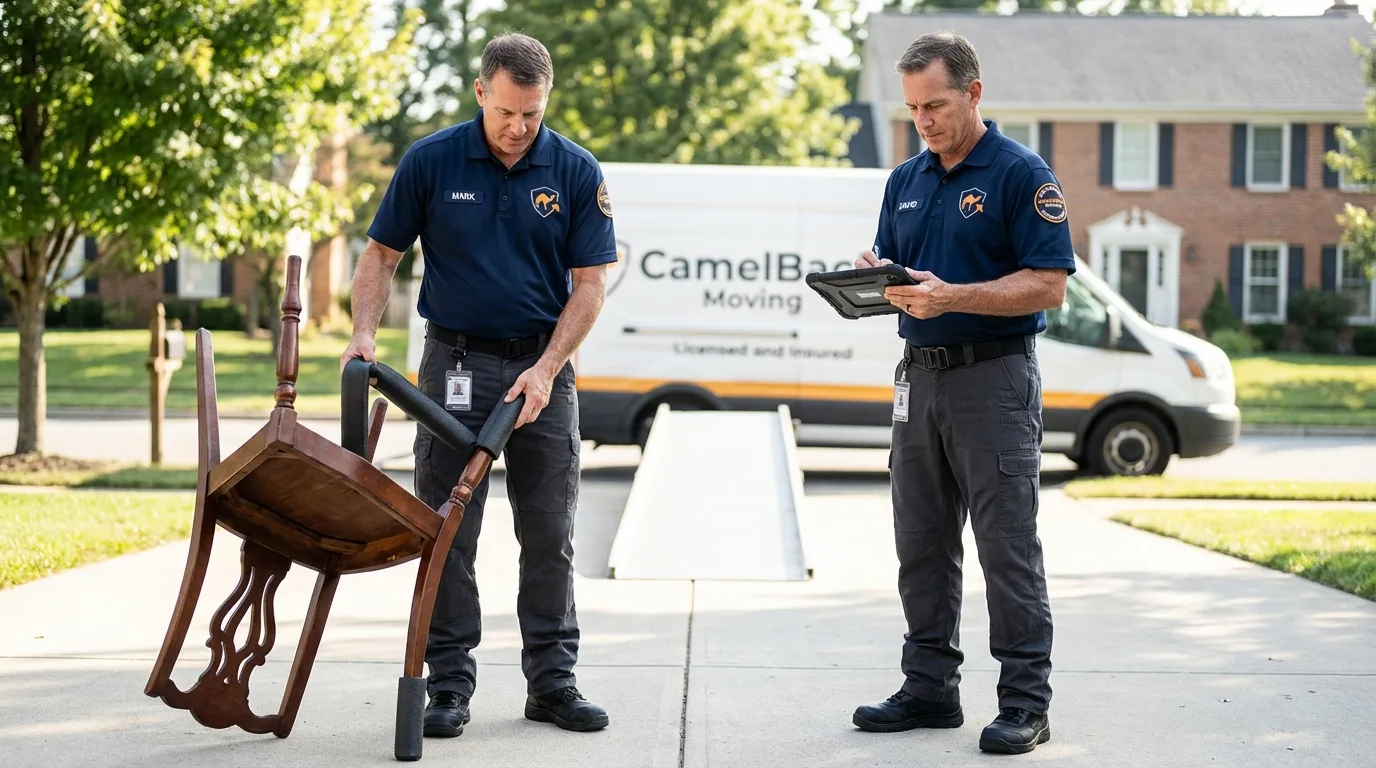 Movers inspecting furniture for damage prevention before loading in Michigan Center, MI
