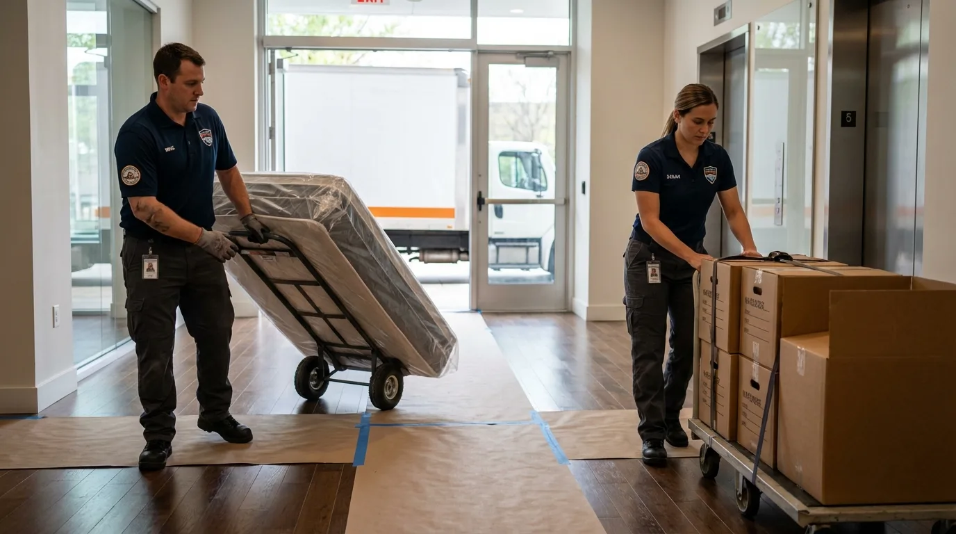 Professional apartment movers loading elevator in Michigan Center, MI