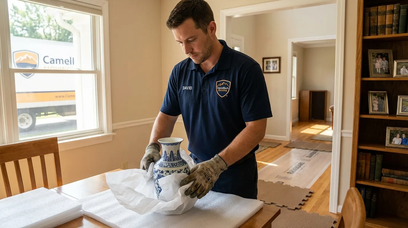 Professional crew carefully wrapping antique vase for senior downsizing move in Michigan Center, MI